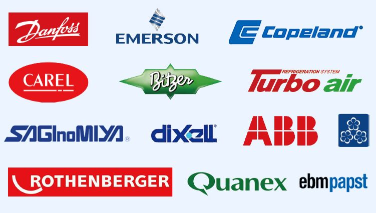 Our partner of supply chain Retail Refrigeration Solution Collage of HVACindustrial brand logos Danfoss Emerson Copeland CAREL Bitzer Turbo Air Dixell ABB ebm papst Quanex and others in a grid